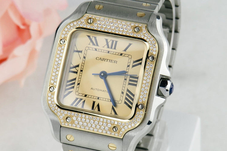 Montre Cartier Santos - Montre unisexe en or jaune 18K et acier, diamants 58 Facettes 2504