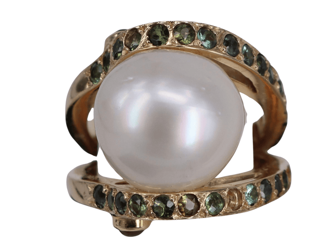 Bague Bague Saphirs verts & Perle en or jaune 58 Facettes BA-1335