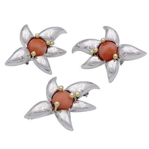 Boucles d'oreilles Tiffany & Co. - Parure clips d’oreilles et broche en or jaune, argent et corail 58 Facettes 33458