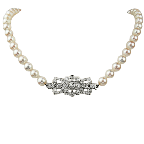 Brochehalskæde Art Deco med kæde af hvide guldperler 585 og diamanter 58 Facettes 2151
