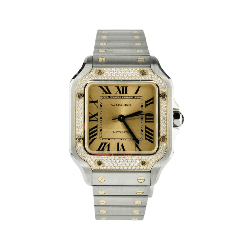 Cartier Santos Saat - 18K sarı altın ve çelikten unisex saat, pırlantalar 58 Facettes 2504
