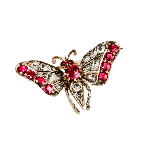 Broš Broš gruzijska zlatna 585 leptir sa dijamantima i rubinima 58 Facettes 2578