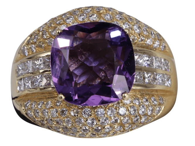 Bague Bague Vintage Coussin améthyste et diamants mixtes en or jaune 58 Facettes BA-1319