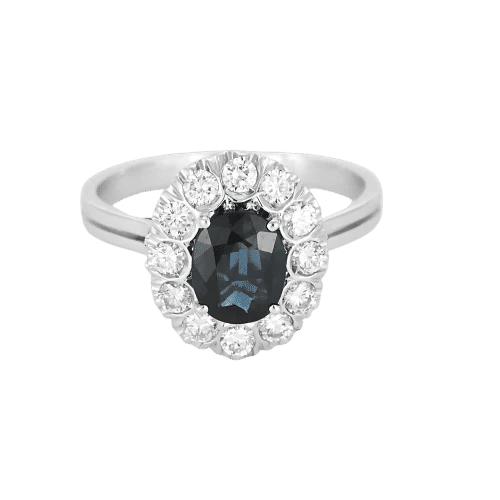 Bague 55 Bague marguerite - Bague en or gris 18k, saphir ovale et diamants 58 Facettes BA514