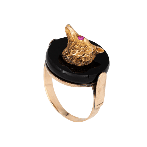Bague 55 Bague loup Art déco vintage en or jaune 14 carats et onyx 58 Facettes G14109