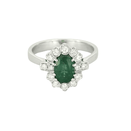 Bague 54 Bague marguerite en or gris 18k et diamants, émeraude ovale 58 Facettes BA519
