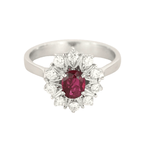 Bague 51.5 Bague marguerite en or gris 18k, rubis ovale et diamants 58 Facettes BA214