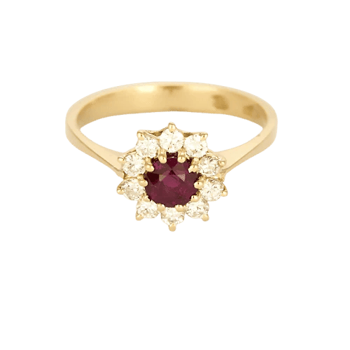 Bague 54 Bague marguerite en or jaune 18k et rubis entouré de diamants 58 Facettes BA212