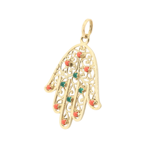 Pendentif Pendentif main en or jaune 18 carats, corail et calcédoines 58 Facettes 31897