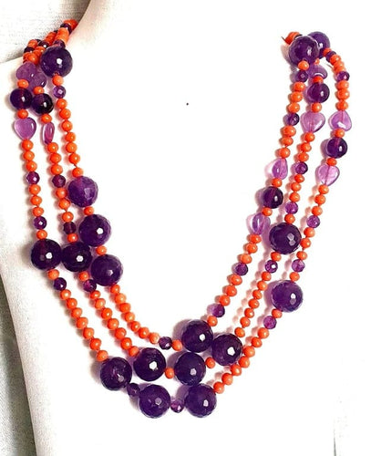 Collier Grand collier sautoir corail ancien méditerranéen et perles d'améthyste 58 Facettes