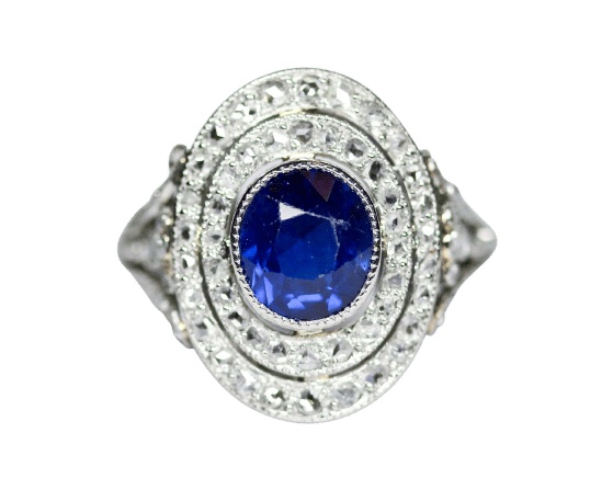 Ring 47.5 Pompadour ring in Platina, saffier en roosgeslepen diamanten 58 Facettes A11969