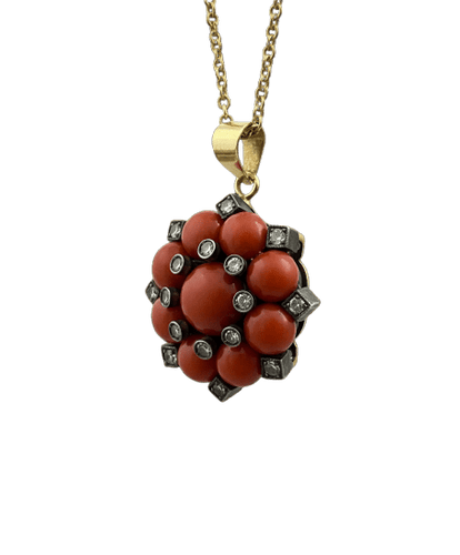 Pendentif Pendentif étoile ronde en or 14K, argent, corail et diamants roses 58 Facettes