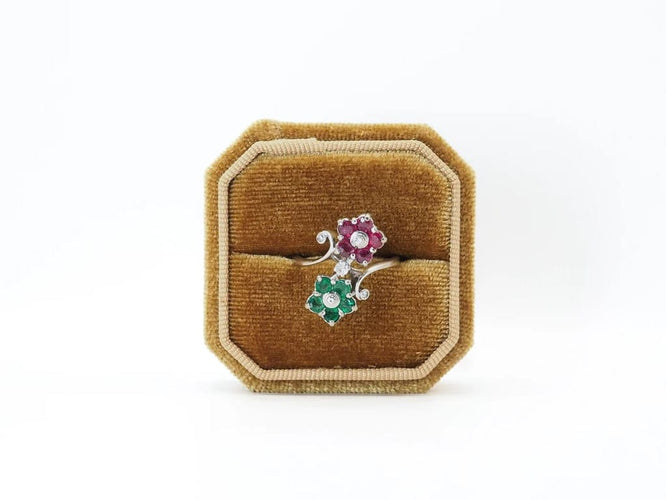 Bague 53 Bague fleurs or blanc rubis émeraudes 58 Facettes 5196