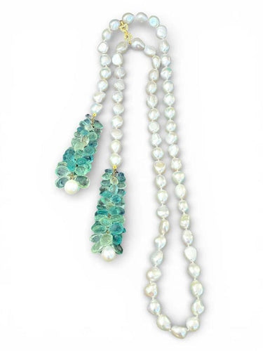 Collier Collier cravate en or jaune avec perles, fluorites et diamants 58 Facettes