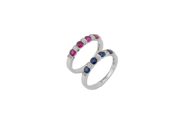 Bague Oro Bianco / 23 Paire de bagues avec saphirs, rubis et diamants en or 18 kt 58 Facettes anl142