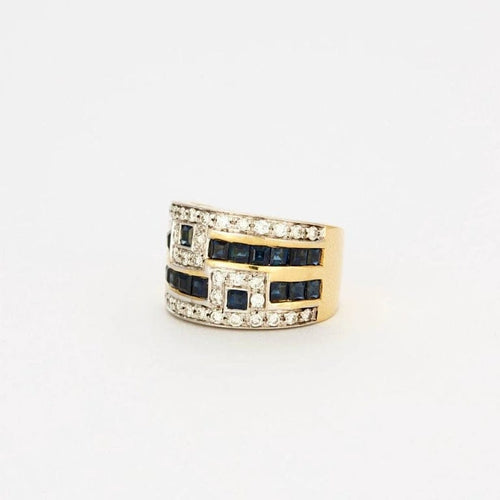 Bague 53 Bague bandeau motif géométrique en or bicolore 18 carats, saphirs, diamants 58 Facettes AB47