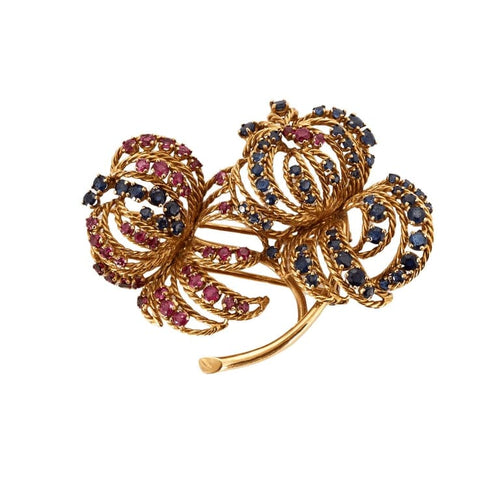 Boucles d'oreilles Clip bouquet de chrysanthème en or jaune 18 carats, rubis et saphirs 58 Facettes AB38