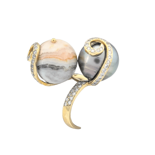 Anello 55 Anello cocktail in oro giallo 18 carati, perla di Tahiti e agata 58 Facettes 32034