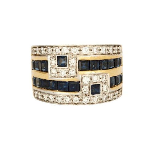Bague 53 Bague bandeau motif géométrique en or bicolore 18 carats, saphirs, diamants 58 Facettes AB47