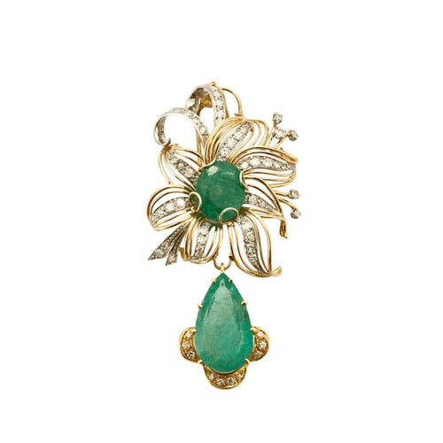 Pendentif Broche pendentif florale en or jaune et émeraudes, diamants 58 Facettes