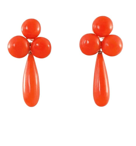 Boucles d'oreilles BOUCLES d'OREILLES CORAIL MEDITERRANEEN 3 CABOCHONS et 1 POIRE PENDANTE 58 Facettes