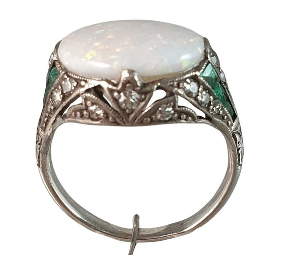 Bague 55 Bague Art Déco Argent Opale Emeraudes Diamants 58 Facettes