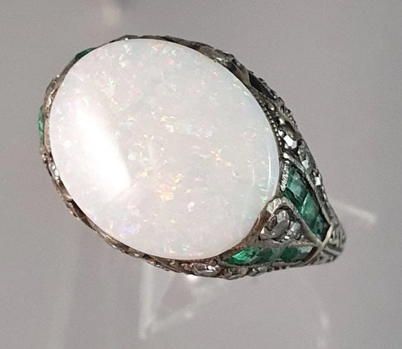 Bague 55 Bague Art Déco Argent Opale Emeraude Diamants 58 Facettes