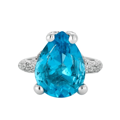 Bague 52 Bague taille poire en or gris 18k, topaze bleue et diamants 58 Facettes LJ12