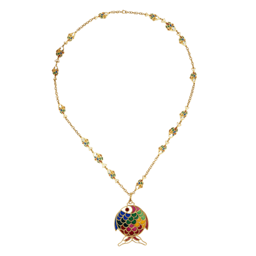 Collier Collier poisson en or jaune 14K avec émail plique-à-jour, vintage 58 Facettes G13461