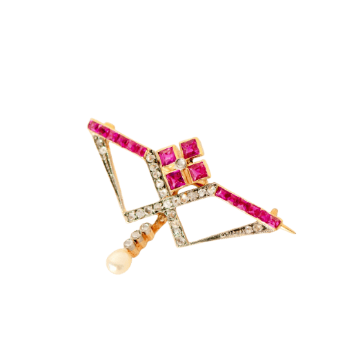 750 ayar sarı altından antika Brosche saat, yakutlar, elmaslar ve inci ile 58 Facettes