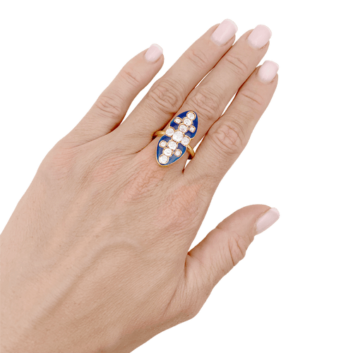 Bague 57 Bague marquise en or jaune 750, diamants taille ancienne et émail bleu 58 Facettes 34675