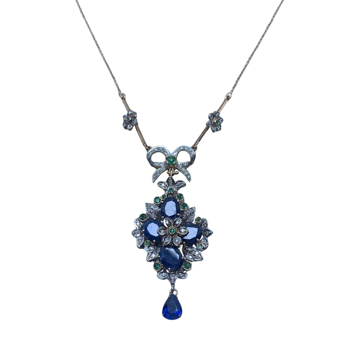 Yellow gold necklace silver diamonds sapphires emeralds