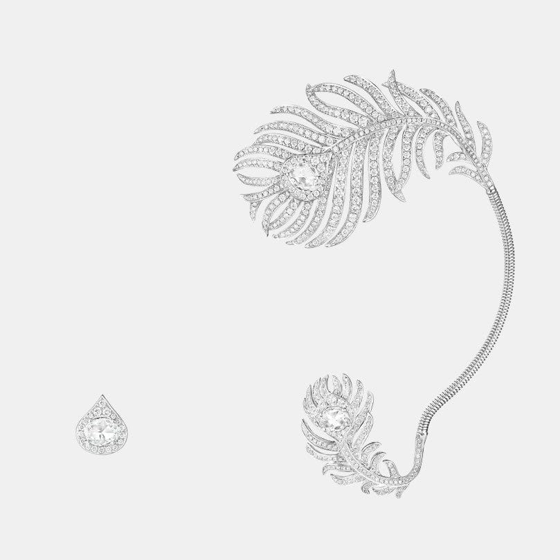 Boucles d'oreilles Plume de Paon Or blanc Diamant 