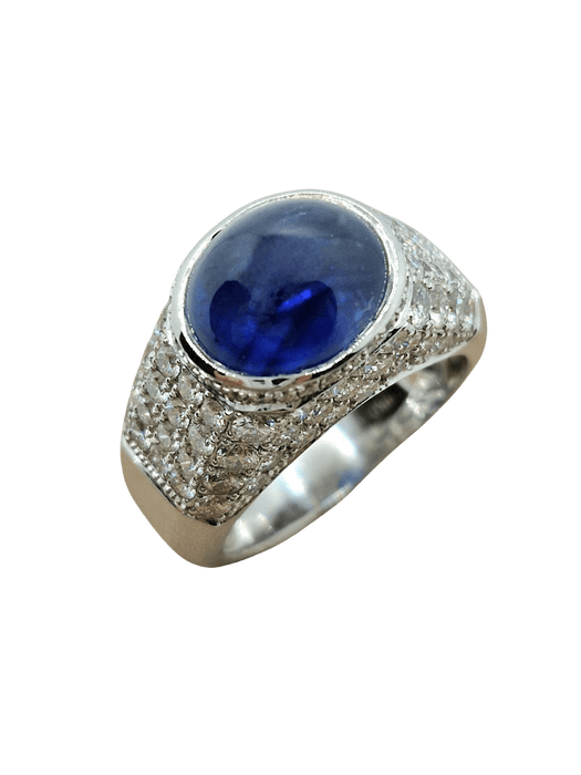 Saphir-Cabochon-Ring im Trombino-Stil, Weißgold und Diamanten