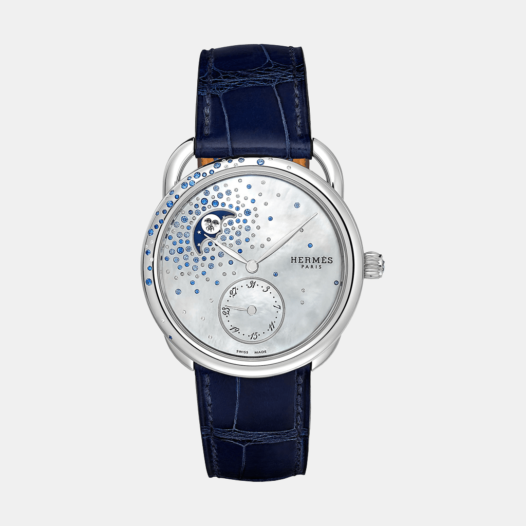 Montre Arceau Petite Lune, Grand modèle, 38 mm Mécanique Acier Diamant et saphir 0.25 ct