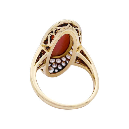 Bague 56 Bague navette en or jaune 18K, corail peau d’ange et diamants 58 Facettes 33265