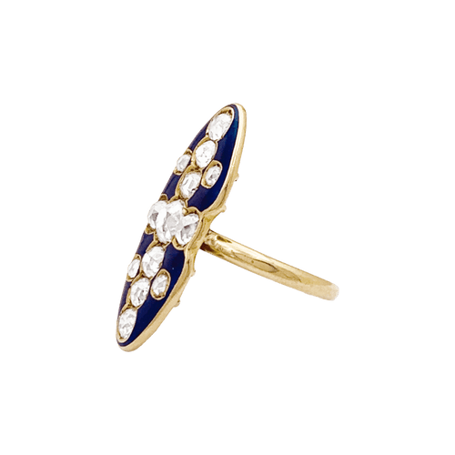 Bague 57 Bague marquise en or jaune 750, diamants taille ancienne et émail bleu 58 Facettes 34675