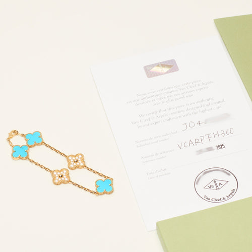 Bracelet Van Cleef & Arpels Vintage Alhambra - Bracelet 5 motifs en or jaune, turquoise et diamants 58 Facettes