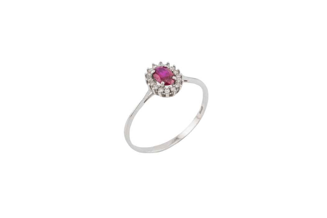 Bague 63 Bague marguerite en or blanc avec diamants et rubis 58 Facettes anl823