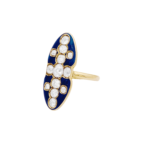Bague 57 Bague marquise en or jaune 750, diamants taille ancienne et émail bleu 58 Facettes 34675
