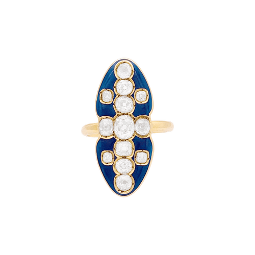 Bague 57 Bague marquise en or jaune 750, diamants taille ancienne et émail bleu 58 Facettes 34675