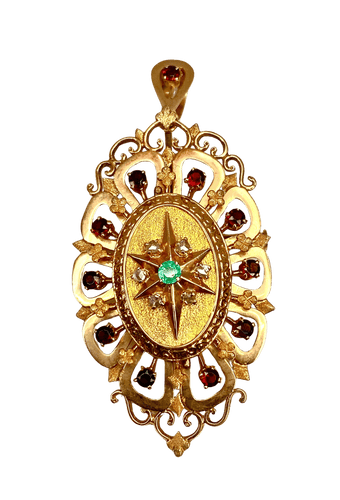 Broche Broche pendentif or, grenats, émeraude, diamants 58 Facettes A 397