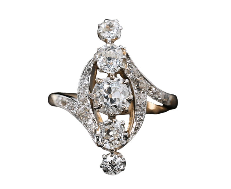 Bague 49 Bague Belle Epoque de forme marquise en diamants 58 Facettes