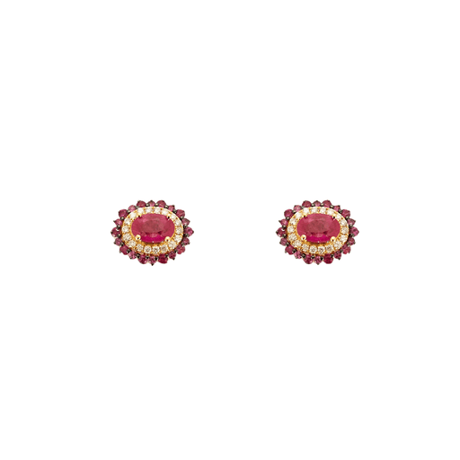 Boucles d'oreilles Paire de boutons d'oreilles en or jaune rubis, saphirs roses et diamants 58 Facettes