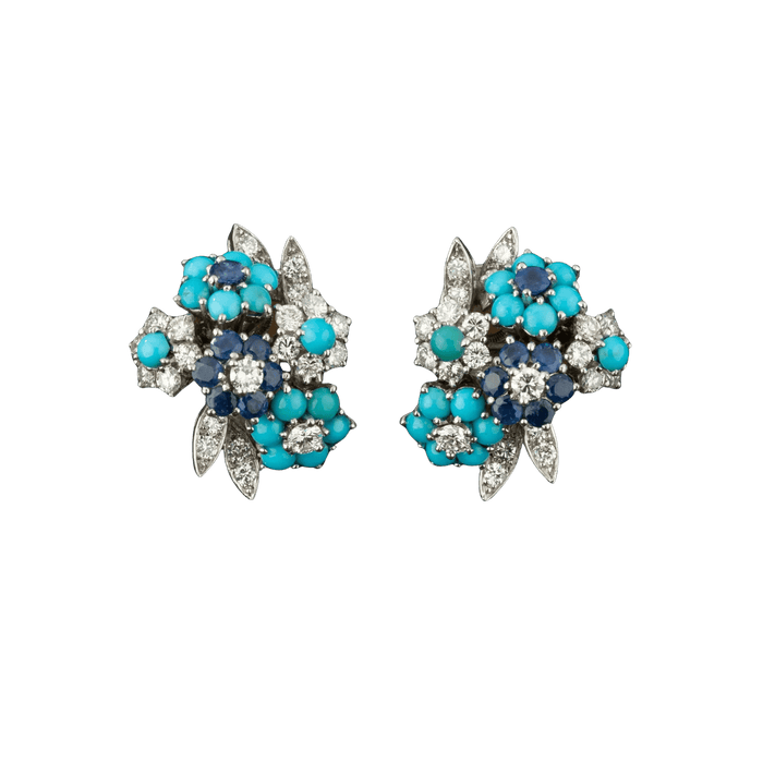 Boucles d'oreilles Alfred HANNE - Boucles d'oreilles Vintage or, platine, diamants, saphirs et turquoises 58 Facettes