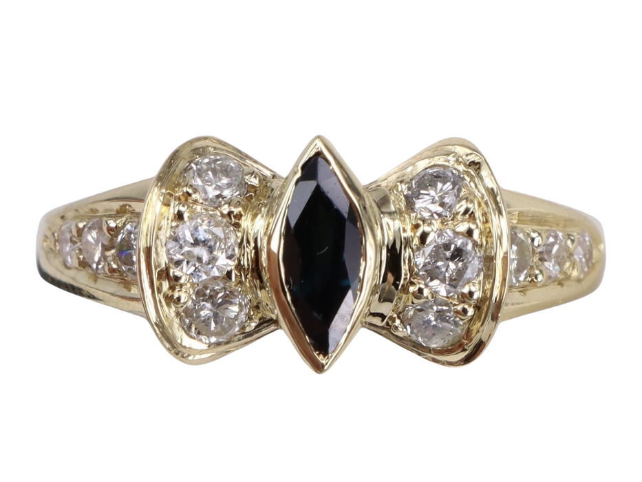 Marquise saffier en diamant Art Deco geelgouden ring