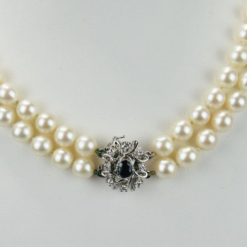 Halskjede Halskjede - Akoya-perler i to rader i 14K hvitt gull, diamanter og safir 58 Facettes 2029