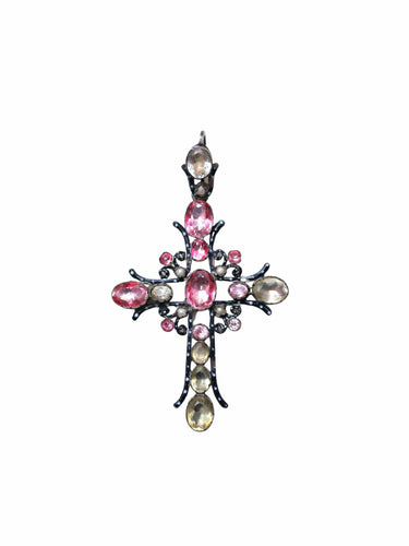 Pendentif Croix ancienne en argent, émail, et pierres du Rhin 58 Facettes