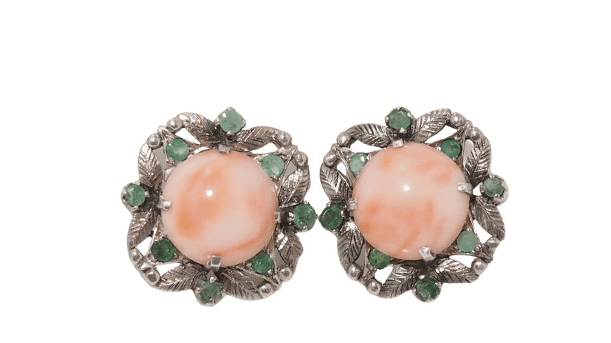 Boucles d'oreilles Boucles d'oreilles ancienne en argent, émeraudes et corail 58 Facettes 31178
