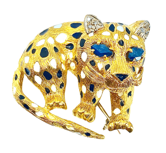 Broche Broche panthère Or Saphirs Diamants Email. 58 Facettes AB211